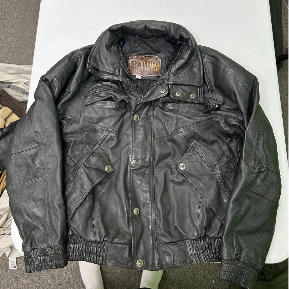 New Order Leather Bomber Jacket Mens Small Black Vintage Quilted Padded Biker